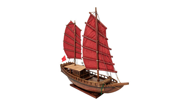 Traditional Chinese red junk sailing boat ship model isolated on transparent background cut out