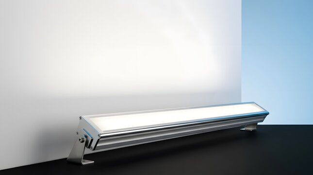 LED wall washer, linear light and outdoor fixture for architectural lighting, facade illumination and urban design. Industrial lamp, aluminum housing and spotlight for building, project and glowing