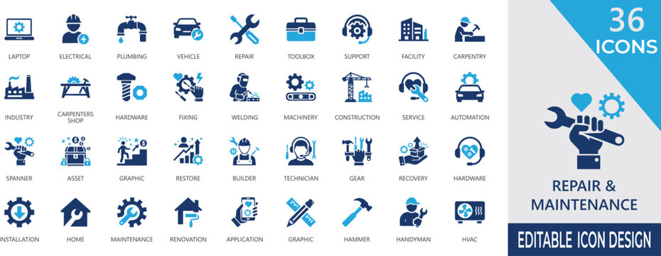 Repair and maintenance fill icon set. Contains industrial , inspection, facility, asset, plumbing, mechanic, workshop,  and technician application.