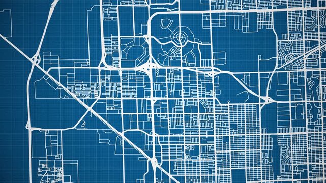 Ink reveal animation of Hialeah city, Florida (FL), United States of America, grid map. Aerial top view. Blueprint style. White lines with blue background. 4K Seamless loop.