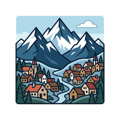 Obraz premium Snowy Mountain Village Landscape Scene.