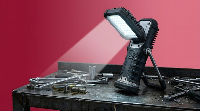 LED work light, portable lamp and flashlight for garage, mechanic workshop and car repair. Industrial lighting, rechargeable battery and bright beam for professional maintenance, DIY task and fix.