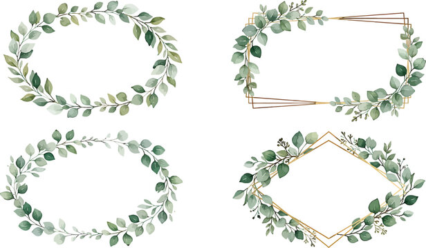 Watercolor eucalyptus leaf frames with geometric gold borders for wedding invitations and botanical stationery design vector set