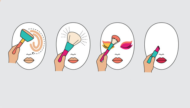 Step by step tutorial of makeup application on female face with cosmetic tools