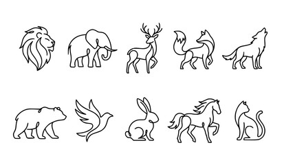 Wild animal outline icon set featuring lion elephant deer wolf rabbit horse and flying bird © Crafts Home
