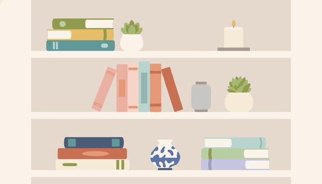 Bookshelves organized with colorful books potted plants and a burning candle