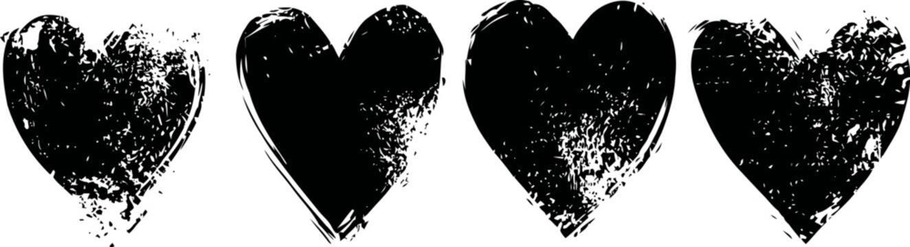 Grunge black hearts set vintage distressed love symbols in various shapes and textures