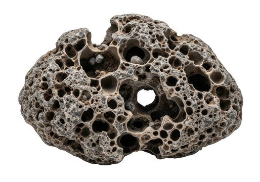 A single piece of rough brown volcanic lava rock with many small holes and porous texture