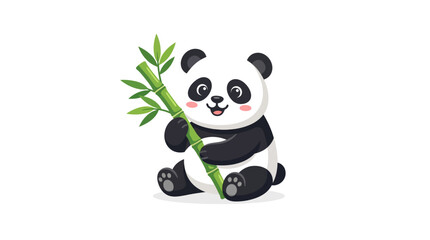 A happy cartoon panda sitting and holding a bamboo stalk. © Sumia