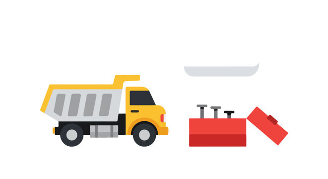 A yellow and gray dump truck is parked beside an open red toolbox containing various repair tools, all set against a plain white background.