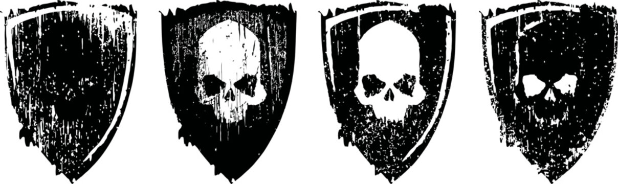 Grunge skull shield emblems set dark vintage gothic badges with distressed texture and menacing skull icons