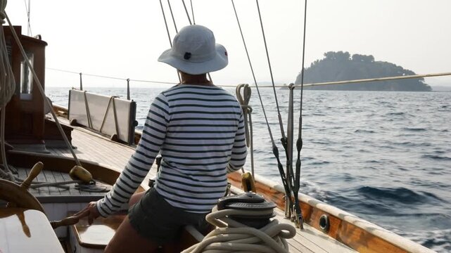 Sailor in Sun Hat on Classic Yacht Deck Looking Toward Mediterranean Island