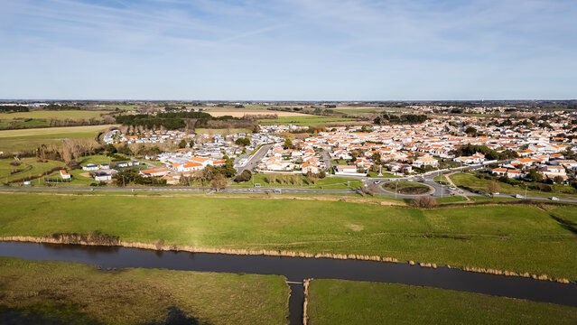 Aerial drone view of a flood zone along the Jaunay River near Givrand, France