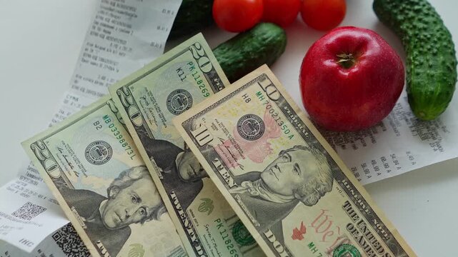 A food basket for people consisting of vegetables and produce. Economic crisis and inflation, devaluation of money