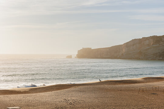 Aerial view of the city of Nazare, Portugal and the Praia, Portugal