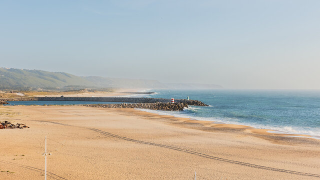 Aerial view of the city of Nazare, Portugal and the Praia, Portugal
