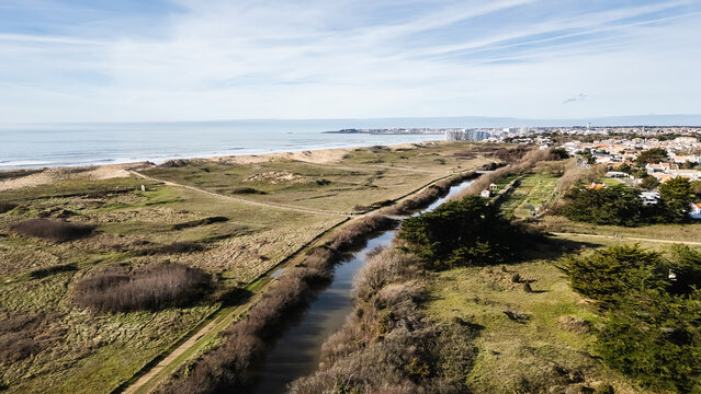 Aerial drone view of Saint Gilles Croix de Vie beach, France