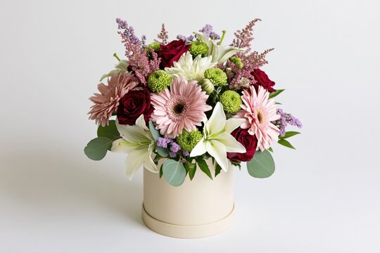 The Elegant Cream Hatbox Floral Bouquet Featuring Roses Lilies and Gerberas