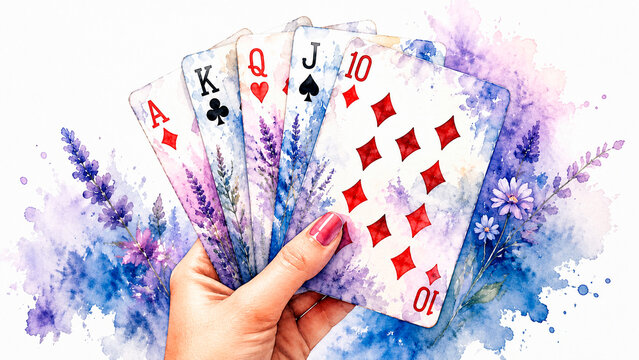 Hand holding playing cards with floral watercolor design. Ace, King, Queen, Jack and Ten over abstract blue and purple paint splash background. Artistic poker game illustration