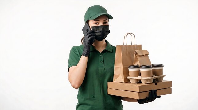 Delivery woman wearing a protective mask holding food bags and coffee cups while talking on the phone.