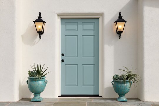 The Blue Front Door on White Wall with Lanterns and Planters