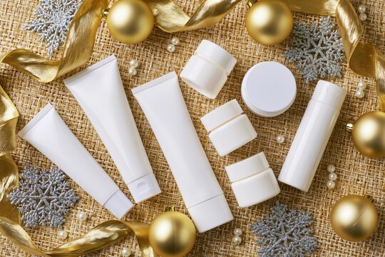 The White Cosmetic Packaging Flatlay with Gold Holiday Accents and Ribbons