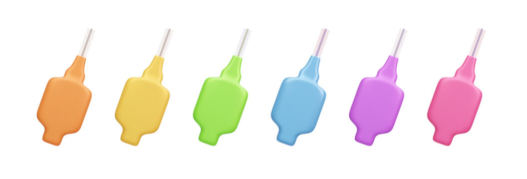Set of colorful interdental tooth brushes. Dental care and oral hygiene tools. Interproximal brushes for healthy and clean teeth. 3D realistic vector illustration isolated on white background.