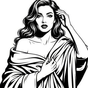 Black and White Scratchboard Illustration of Elegant Woman Wrapped in Plush Blanket &ndash; Luxury Fashion Portrait