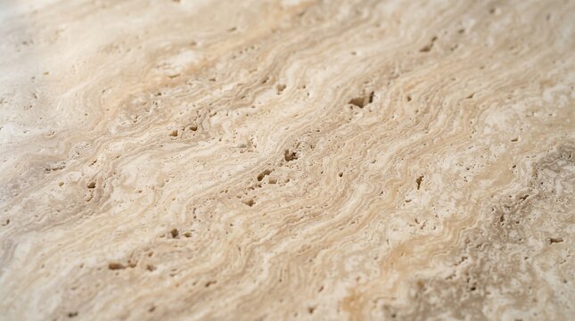Close-up of beige travertine stone texture with natural patterns and holes