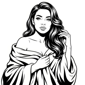 Black and White Scratchboard Illustration of Elegant Woman Wrapped in Plush Blanket &ndash; Luxury Fashion Portrait