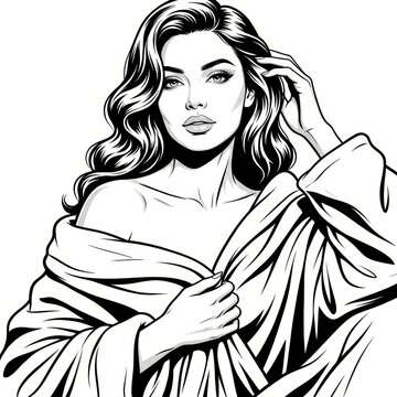 Black and White Scratchboard Illustration of Elegant Woman Wrapped in Plush Blanket &ndash; Luxury Fashion Portrait