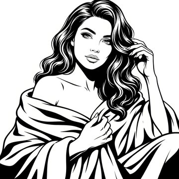 Black and White Scratchboard Illustration of Elegant Woman Wrapped in Plush Blanket &ndash; Luxury Fashion Portrait