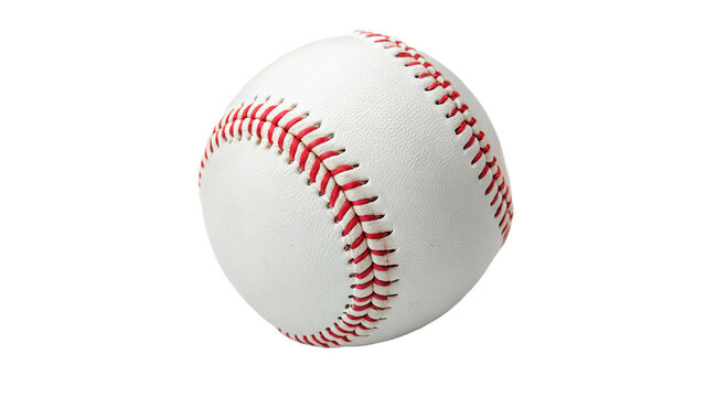 Classic white leather baseball ball with red stitching isolated on transparent background cut out