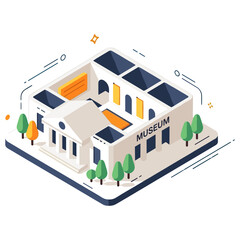Obraz premium Isometric illustration of a modern museum building with trees and geometric design elements