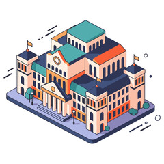 Obraz premium Isometric illustration of a grand university building with flags and trees