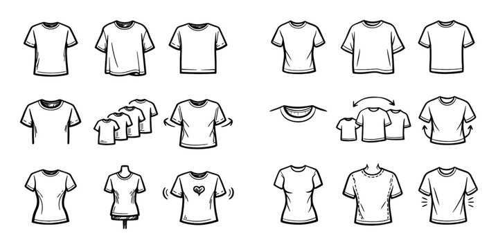 Fashion and clothing design icons with regular fit loose cut and crew neck for user interface design in sketch illustration