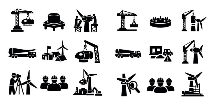 Wind energy and installation icon set with tower crane foundation base and assembly stage for branding design in solid filled style