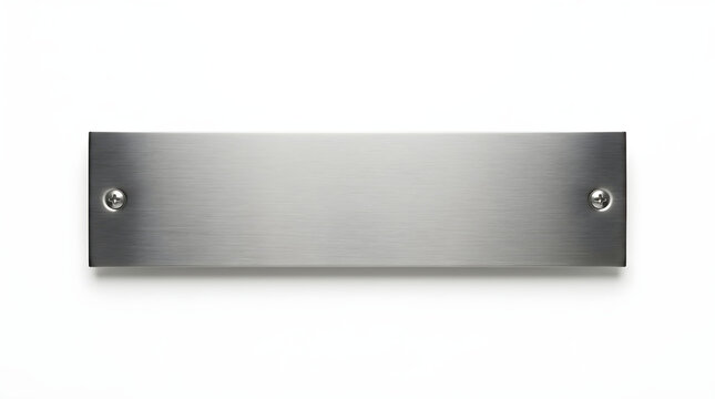 A sleek, horizontal brushed metal nameplate is securely mounted with screws, isolated on a white background with subtle shadow. Ideal for custom signage.