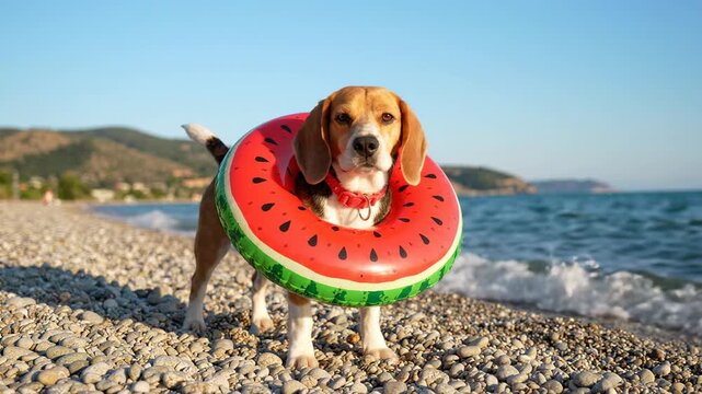 Beagle dog wearing a watermelon-shaped inflatable ring on the beach with waves in the background