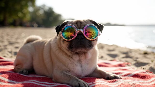 Funny pug wearing colorful rainbow sunglasses on a red and white striped beach towel by the water on a sunny day