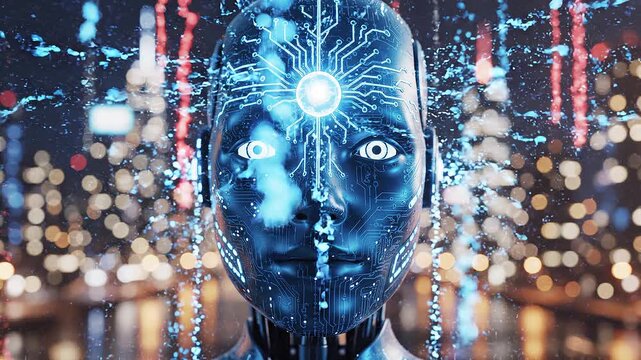 Futuristic AI Robot Head Activating Neural Network Over Neon City Nightscape