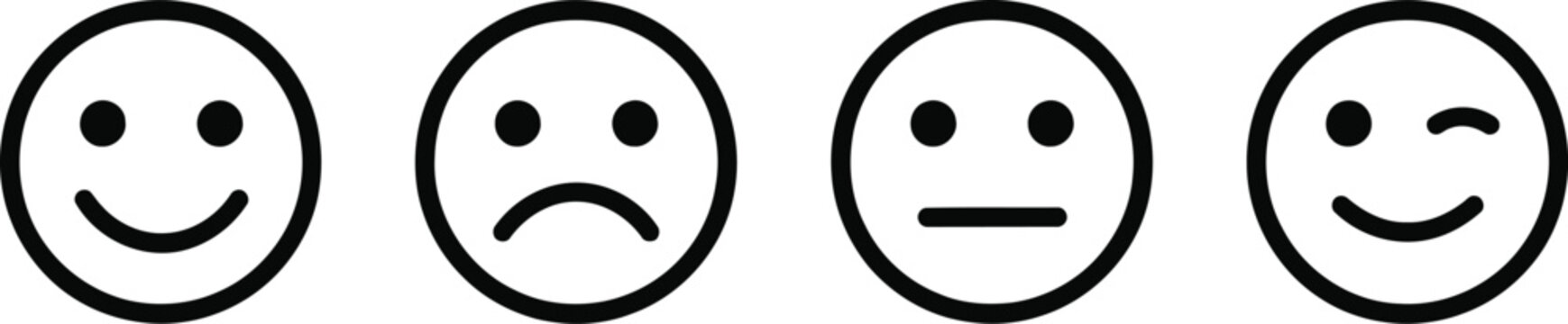 Four simple black and white smiley face showing different emotions