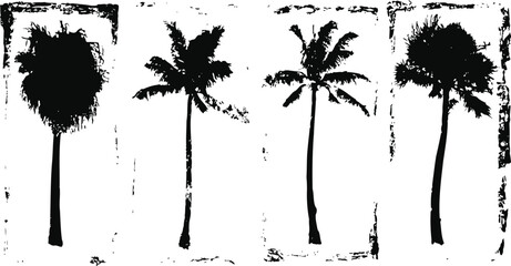 Obraz premium Black and white palm tree silhouettes with textured distressed vintage grunge effect background