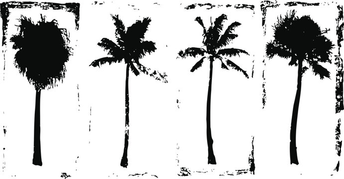 Black and white palm tree silhouettes with textured distressed vintage grunge effect background