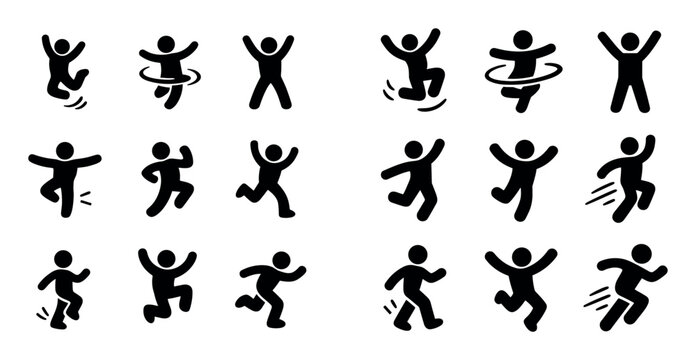 Joyful motion and energetic move design icons with jump, spin and raised hands for user interface design in filled style