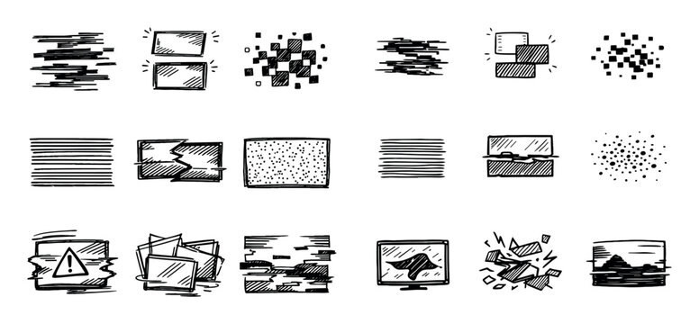 Digital noise and glitch icon set with flicker effect broken pixels and scan lines for infographic design in hand drawn illustration