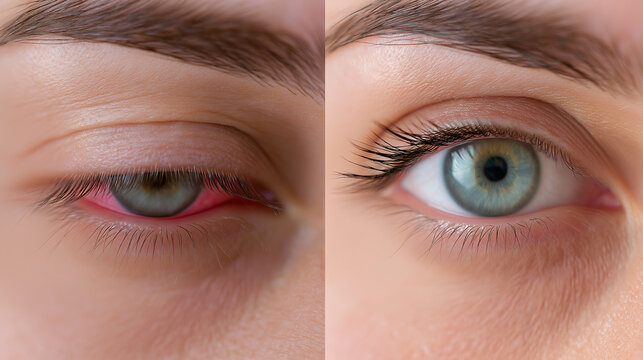 Before and After Eye Treatment Comparison, Healthy Vision Recovery, Ophthalmology and Eye Care Medical Concept