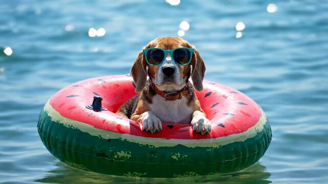 Adorable Beagle dog wearing sunglasses relaxes in a watermelon-shaped float on the water on a sunny day, conveying a feeling of fun and summer vacation