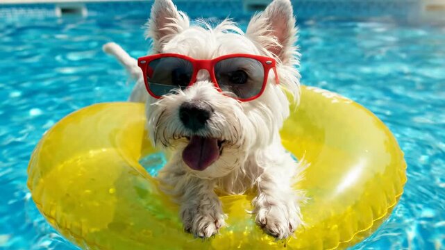 Adorable West Highland White Terrier dog wearing sunglasses relaxing on a yellow inflatable ring in a swimming pool on a sunny day