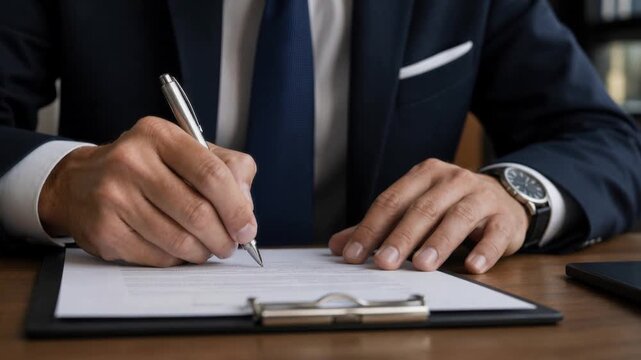 Businessman signing important contract with pen on clipboard in office setting